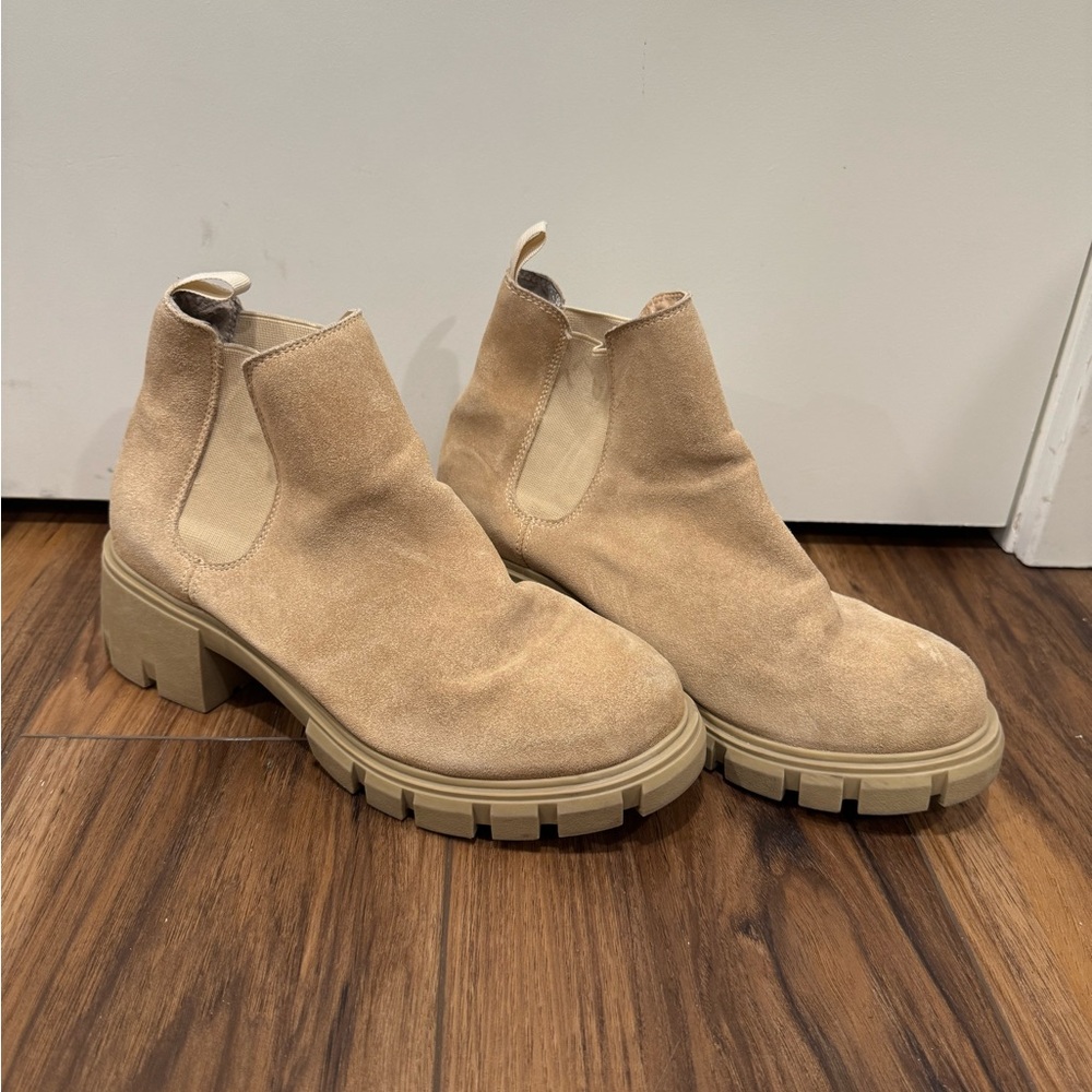 Steve Madden Tan Suede Lug-Sole Chelsea Booties